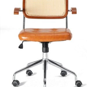 Cadeira de computador de vime, cadeira de escritório giratória retrô, poltrona estofada ergonômica com rodas silenciosas de PU, cadeira de mesa com encosto médio para sala de estar de trabal