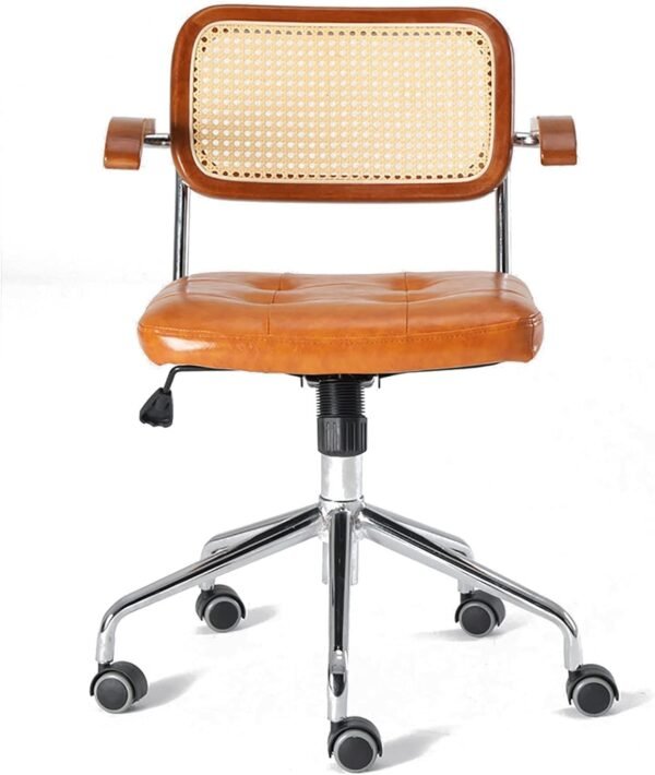 Cadeira de computador de vime, cadeira de escritório giratória retrô, poltrona estofada ergonômica com rodas silenciosas de PU, cadeira de mesa com encosto médio para sala de estar de trabal