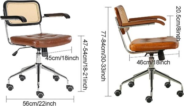 Cadeira de computador de vime, cadeira de escritório giratória retrô, poltrona estofada ergonômica com rodas silenciosas de PU, cadeira de mesa com encosto médio para sala de estar de trabal - Imagem 2