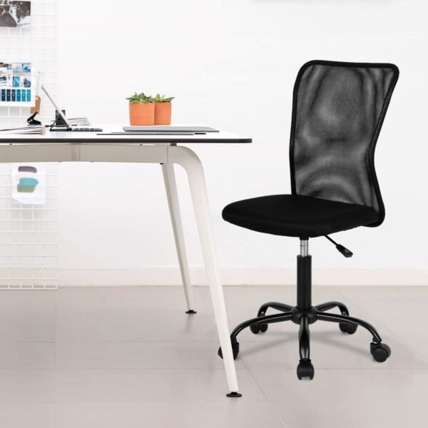 Cadeira de escritório em casa, cadeira de mesa de malha sem braço, cadeira de computador ergonômica, rodinhas giratórias, suporte traseiro ajustável, cadeira moderna com suporte lombar (preto) - Imagem 2