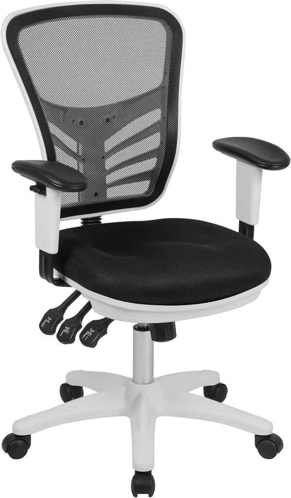 Cadeira de escritório ergonômica executiva giratória multifuncional Flash Furniture Nicholas Mid-Back Black Mesh com braços ajustáveis e moldura branca