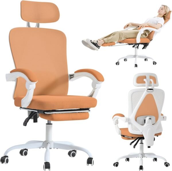 Cadeira de escritório ergonômica, suporte lombar ajustável, capacidade de 181 kg, cadeira de computador branca com apoio para os pés retrátil, cadeira de jogos de malha respirável encosto de cabeça