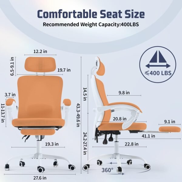 Cadeira de escritório ergonômica, suporte lombar ajustável, capacidade de 181 kg, cadeira de computador branca com apoio para os pés retrátil, cadeira de jogos de malha respirável encosto de cabeça - Imagem 2