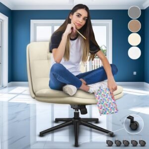 Cadeira de mesa cruzada para sentar com pernas cruzadas, fácil de montar, cadeira cruzada com rodas - roda removível premium e design giratório, cadeira de escritório ergonômica bege aconchegante com