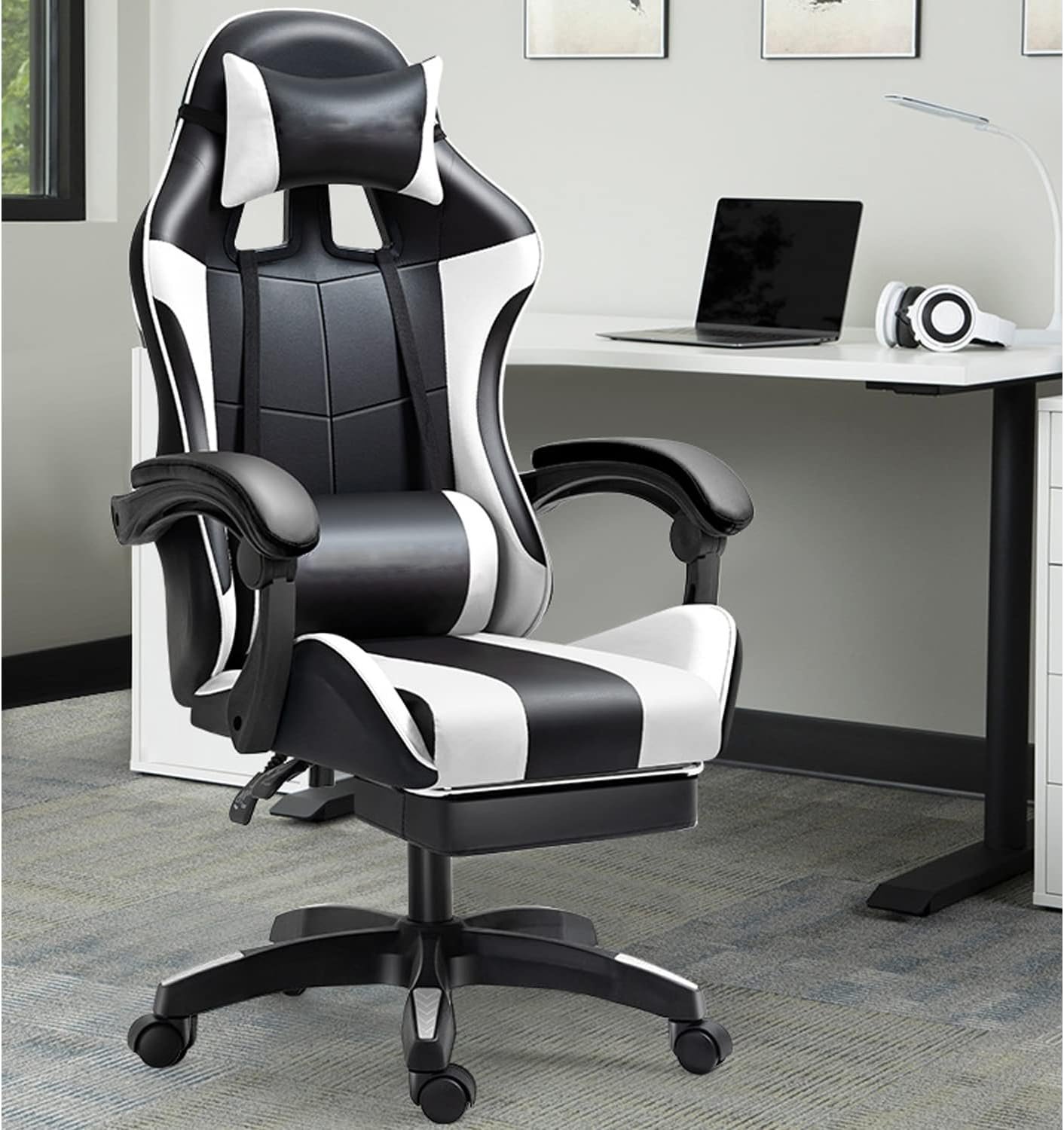 Cadeira gamer com apoio para os pés, cadeira gamer com suporte lombar e encosto de cabeça ajustável cadeira de escritório com assento giratório de 360° vermelho - Imagem 2