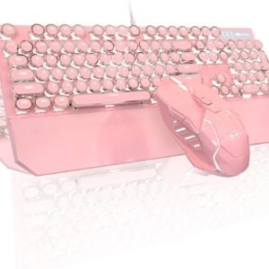 Combo de teclado e mouse para jogos mecânicos de máquina de escrever, teclas redondas punk retrô, RGB e arco-íris retroiluminado, teclado com fio para jogos e escritório, para laptop, PC