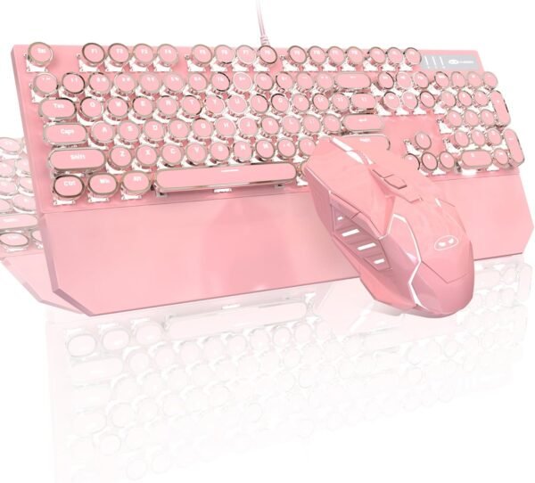Combo de teclado e mouse para jogos mecânicos de máquina de escrever, teclas redondas punk retrô, RGB e arco-íris retroiluminado, teclado com fio para jogos e escritório, para laptop, PC