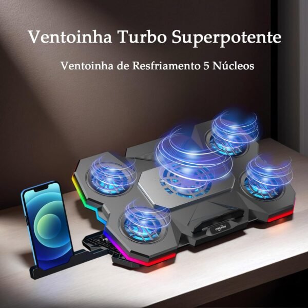 Cooler Notebook Profissional com 5 Ventiladores RGB, Base Refrigerada para Notebook 9-17“ – Suporte Ajustável 5 Ângulos, Controle Touch HD, Material ABS + Alumínio – Operação Silenciosa (26-30 dB) - Imagem 2