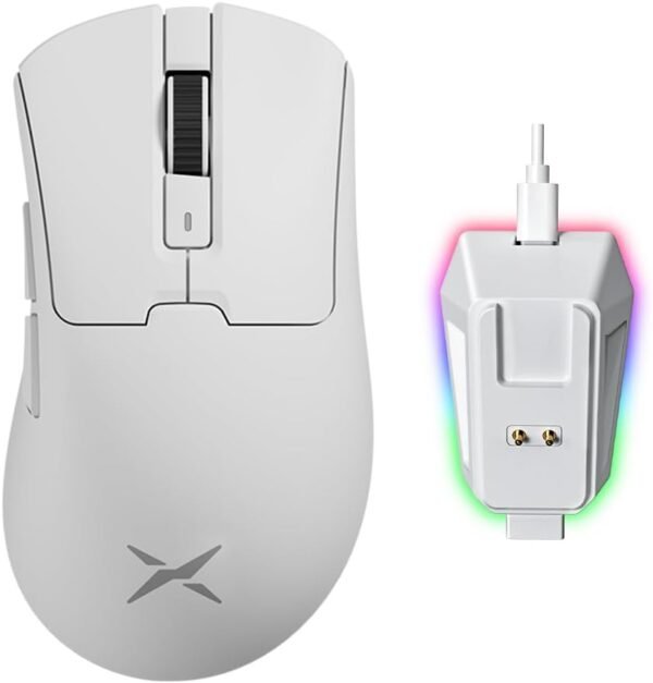 DeLUX M900PRO Mouse Gamer sem Fio, Taxa de Polling de 8000Hz, Base de Carregamento RGB, Design Ergonômico de 63 g, Sensor PAW3395 com 26000DPI, Botões Programáveis (Branco)