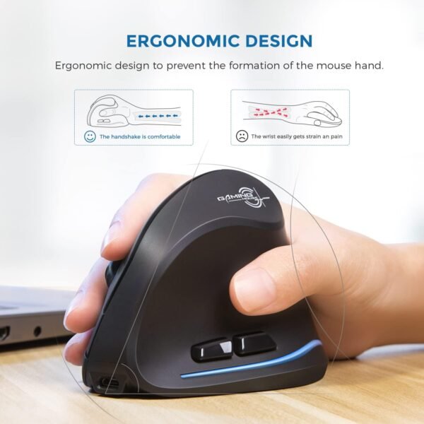 ECHTPower Mouse Ergonômico Sem Fio, Vertical com DPI Ajustável 2400/1600/1000, Recarregável com Luz LED, para Laptop/PC/Windows/macOS - Imagem 2