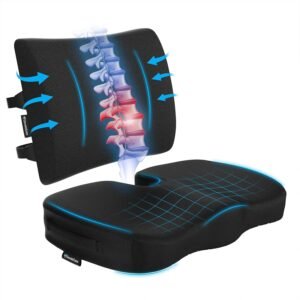 ElevateEase Conjunto de almofada de assento de espuma viscoelástica e suporte lombar com capas de malha e veludo - para cadeira de escritório, carro, avião, viagens - Travesseiro de cóccix para