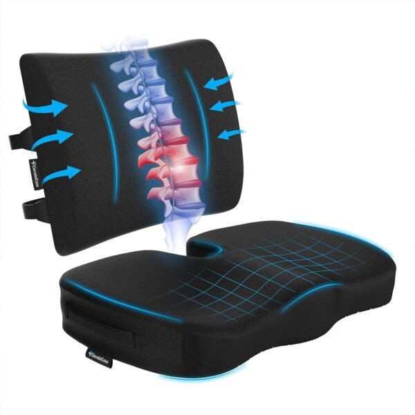 ElevateEase Conjunto de almofada de assento de espuma viscoelástica e suporte lombar com capas de malha e veludo - para cadeira de escritório, carro, avião, viagens - Travesseiro de cóccix para