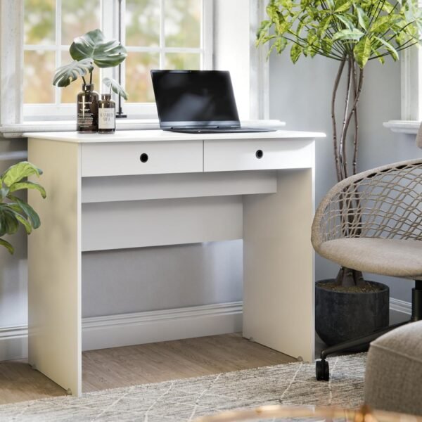 Escrivaninha Bancada para Notebook Quarto Mesa de Computador Home Office Estudo Estação de Trabalho com 2 Gavetas (Branco) - Imagem 2