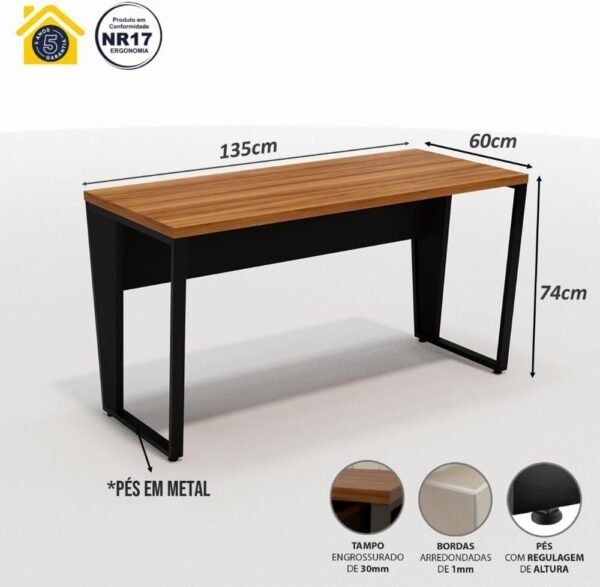 Escrivaninha Industrial 135cm Tampo 30mm Pés em Metal F5 Cor:nogal com Preto - Imagem 2