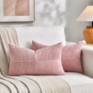 Fancy Homi 2 pacotes de capas de almofada decorativas para lombar rosa blush 30 x 50 cm para sala de estar, sofá cama rústica boho, decoração de casa, capa de almofada retangular de veludo cotelê listrado macio 30x50 cm