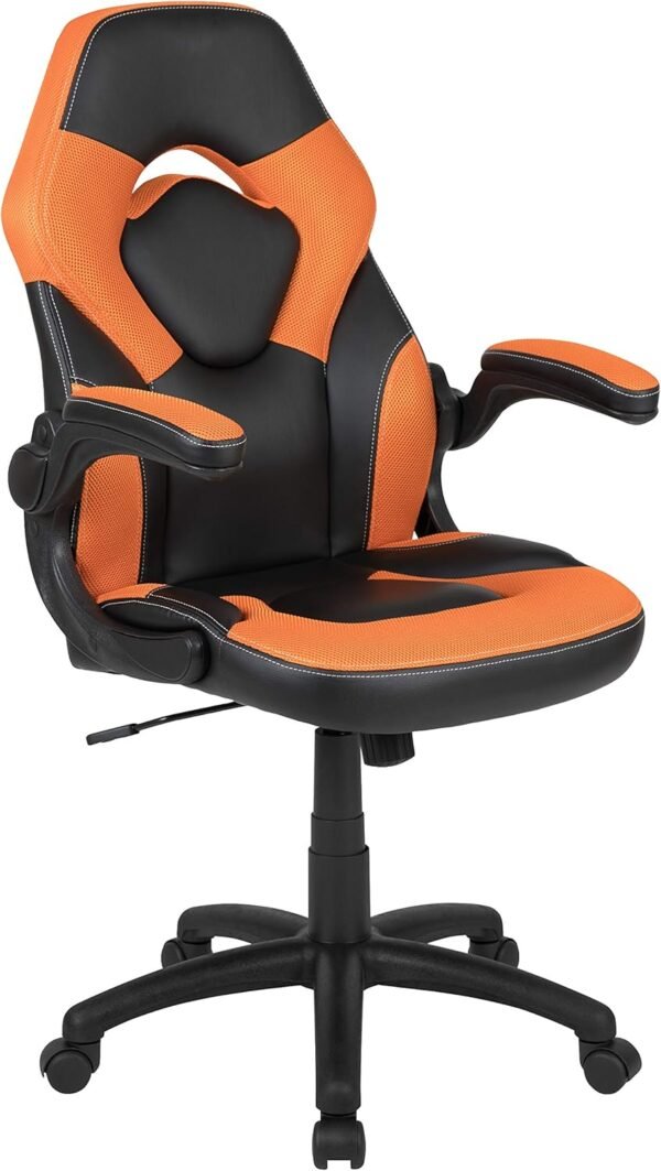 Flash Furniture Cadeira para jogos X10 de couro macio de couro macio com braços dobráveis, cadeira giratória ergonômica acolchoada para computador, laranja/preta