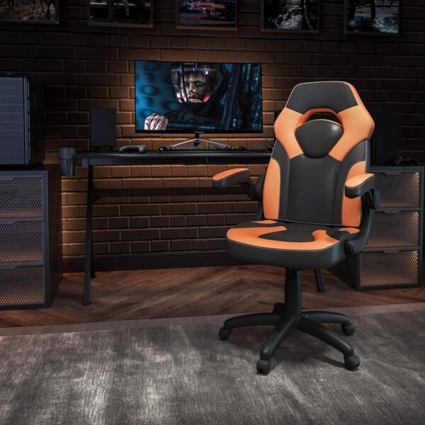 Flash Furniture Cadeira para jogos X10 de couro macio de couro macio com braços dobráveis, cadeira giratória ergonômica acolchoada para computador, laranja/preta - Imagem 2