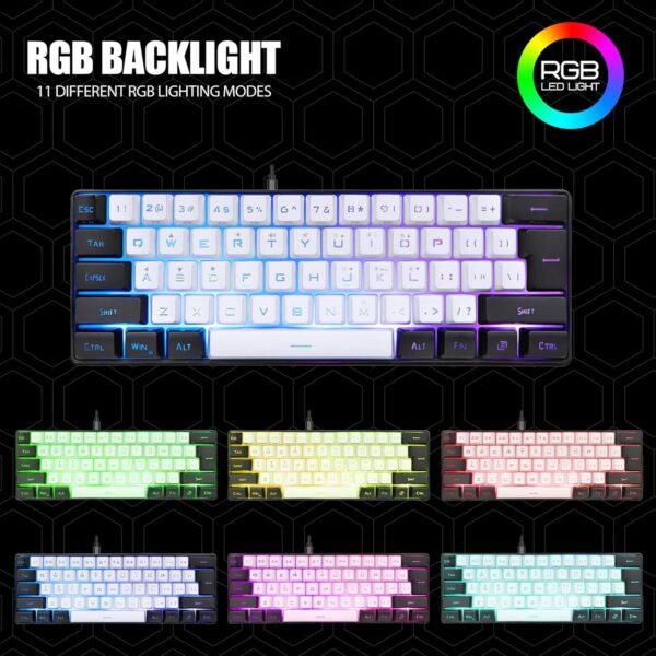 GOWENIC Teclado para jogos 60%, teclado mecânico compacto com fio 61 teclas, teclado RGB retroiluminação LED teclado ergonômico para jogos com fio para escritório e negócios (branco) - Imagem 2