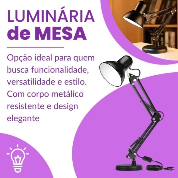 Genérico Luminária de Mesa Articulável Abajur com Garra e Base Leitura Estudo Quarto Articulada Preta Bivolt 110V 220V com Interruptor - Imagem 2