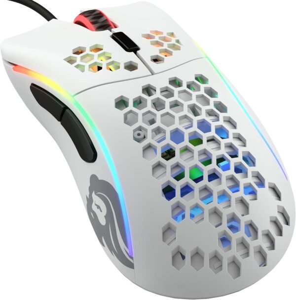 Glorious Mouse para jogos modelo D (menos) com fio - design de favo de mel superleve de 61 g, RGB, ergonômico, sensor Pixart 3360, interruptores Omron, pés de PTFE, 6 botões - branco fosco