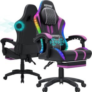 HOFFREE Cadeira LED para jogos com alto-falantes e cadeira de videogame de massagem, grande e alta, para 181 kg, com rodapé, reclinável, encosto alto, cadeira de mesa de computador, roxa e preta