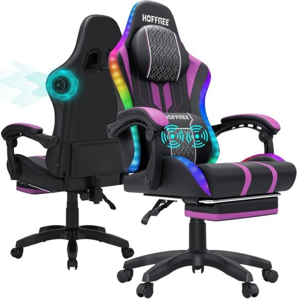 HOFFREE Cadeira LED para jogos com alto-falantes e cadeira de videogame de massagem, grande e alta, para 181 kg, com rodapé, reclinável, encosto alto, cadeira de mesa de computador, roxa e preta