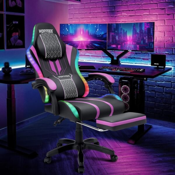 HOFFREE Cadeira LED para jogos com alto-falantes e cadeira de videogame de massagem, grande e alta, para 181 kg, com rodapé, reclinável, encosto alto, cadeira de mesa de computador, roxa e preta - Imagem 2
