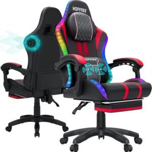 HOFFREE Cadeira LED para jogos com alto-falantes e massagem cadeira de videogame grande e alta para 181 kg com apoio para os pés, cadeira reclinável para computador com encosto alto, vermelho e preto