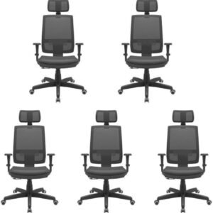 Kit 5 Cadeiras de Escritório Ergonômica com Tela e Apoio de Cabeça Brizza Presidente NR17 Preto
