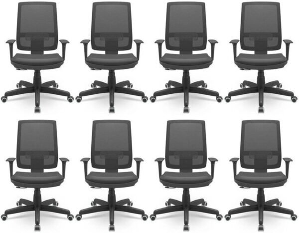 Kit 8 Cadeiras para Escritório Ergonômica Presidente Brizza Nr17 Plaxmetal Preto