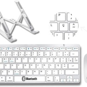 Kit Combo Suporte de Metal Teclado e Mouse Sem Fio Ultra Fino Bluetooth Para Tablet Celular Notebook MacBook Android Com Tecla "Ç" Tecla “COMMAND” Padrão ABNT2 Layout Nacional Brasileiro - EzLife®