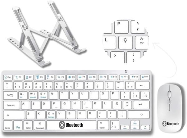 Kit Combo Suporte de Metal Teclado e Mouse Sem Fio Ultra Fino Bluetooth Para Tablet Celular Notebook MacBook Android Com Tecla "Ç" Tecla “COMMAND” Padrão ABNT2 Layout Nacional Brasileiro - EzLife®