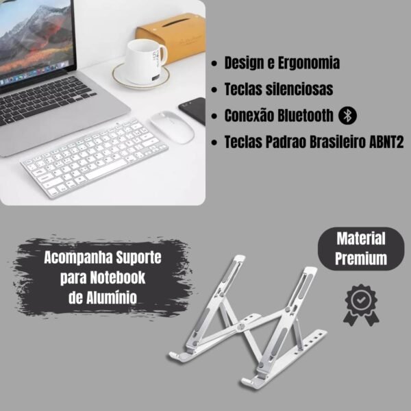 Kit Combo Suporte de Metal Teclado e Mouse Sem Fio Ultra Fino Bluetooth Para Tablet Celular Notebook MacBook Android Com Tecla "Ç" Tecla “COMMAND” Padrão ABNT2 Layout Nacional Brasileiro - EzLife® - Imagem 2