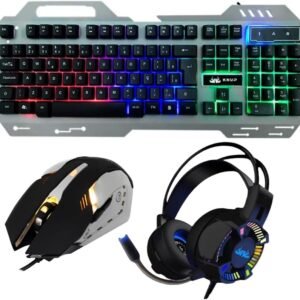 Kit Gamer - Teclado Semi Mecanico Multimidia, Mouse Ergonomico 6 Botões 2400 DPI e Headset Fone de Ouvido Sound Effect 7.1 canais Led RGB Para Pc Notebook Ps4 Ps5 Xbox (Teclado Cinza)