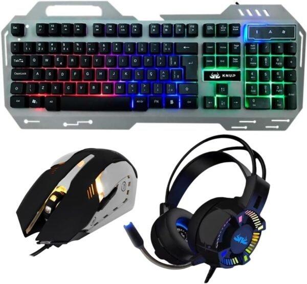 Kit Gamer - Teclado Semi Mecanico Multimidia, Mouse Ergonomico 6 Botões 2400 DPI e Headset Fone de Ouvido Sound Effect 7.1 canais Led RGB Para Pc Notebook Ps4 Ps5 Xbox (Teclado Cinza)