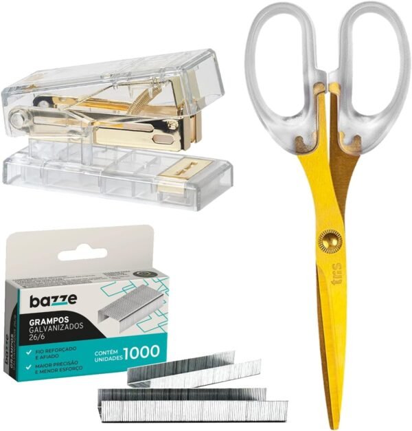 Kit Material de Escritório, Mini Grampeador Acrílico Dourado, Tesoura 17cm Dourada, 1000 Grampos 26/6