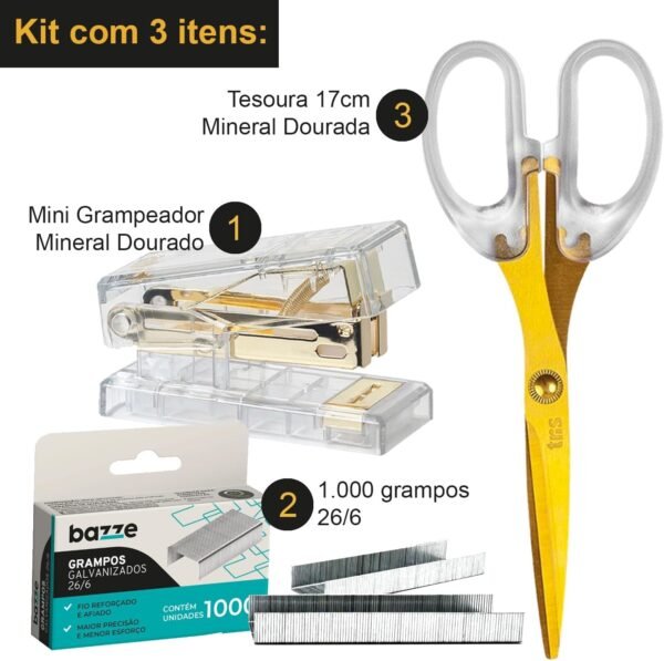 Kit Material de Escritório, Mini Grampeador Acrílico Dourado, Tesoura 17cm Dourada, 1000 Grampos 26/6 - Imagem 2