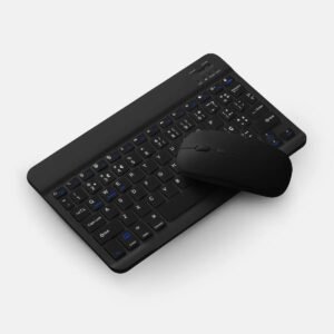 Kit Mini Teclado + Mouse Sem Fio Bluetooth, Recarregável USB, Teclado Padrão Brasileiro, Slim, Ergonômico, Portátil, Compatível com Tablet, Celular, Smartphone, Notebook, iPhone, iPad. (Preto)