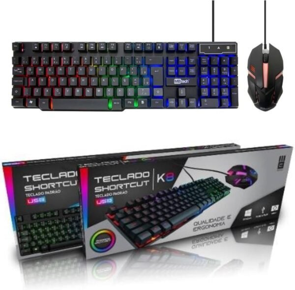 Kit Teclado e Mouse Gamer RGB Rainbow k8 Design Ergonomico Com Fio