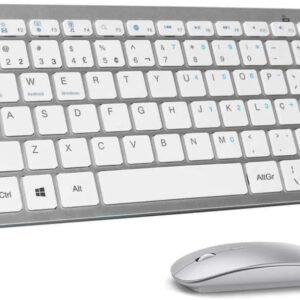 Kit Teclado e Mouse Sem Fio Bluetooth - ABNT2, Compatível com Windows, Android, iOS, PC, Notebook, Tablet e iPad, Slim, Ergonômico, Branco/Prata, Para Escritório e Estudos