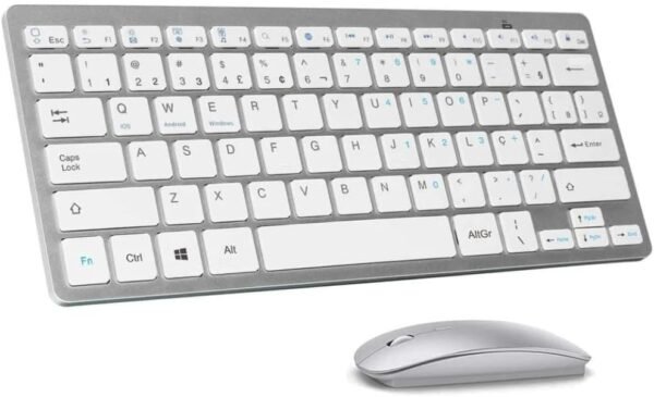 Kit Teclado e Mouse Sem Fio Bluetooth - ABNT2, Compatível com Windows, Android, iOS, PC, Notebook, Tablet e iPad, Slim, Ergonômico, Branco/Prata, Para Escritório e Estudos