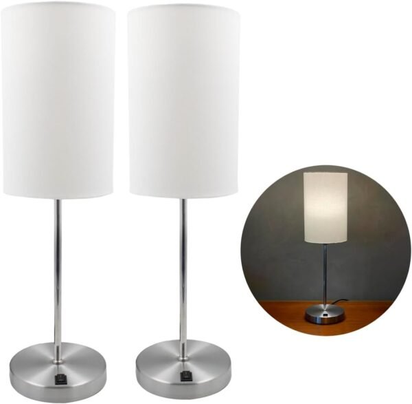 Kit com 2 Luminária de Mesa Abajur Cilindrico Delicado Em Alumínio Escovado Com Cúpula de Tecido Algodão Revestida em Acetato Soquete E27 Bivolt (Branco)