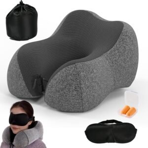 LarkLeaves Almofada de Pescoço para Viagem com Espuma Viscoelástica e Bolso Lateral - Inclui Estojo, Máscara de Olhos e Tapetes de Ouvido, Capa Lavável, Ajustável - Companheiro de Viagem, Cinza Claro
