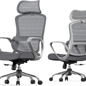 LarkLeaves Cadeira Ergonômica, Cadeira Gamer, Cadeira de Mesa com Encosto de Cabeça Largo, Suporte Lombar, Encosto em Malha, Reclinável a 135°, Cadeira de Computador com Almofada de Tecido, Cinza