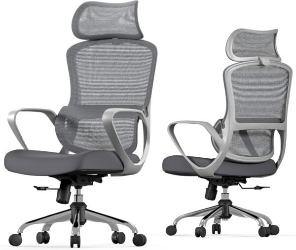 LarkLeaves Cadeira Ergonômica, Cadeira Gamer, Cadeira de Mesa com Encosto de Cabeça Largo, Suporte Lombar, Encosto em Malha, Reclinável a 135°, Cadeira de Computador com Almofada de Tecido, Cinza