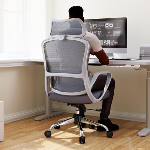 LarkLeaves Cadeira Ergonômica, Cadeira Gamer, Cadeira de Mesa com Encosto de Cabeça Largo, Suporte Lombar, Encosto em Malha, Reclinável a 135°, Cadeira de Computador com Almofada de Tecido, Cinza - Imagem 2