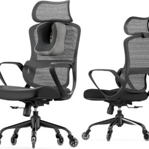 LarkLeaves Cadeira Ergonômica, Cadeira Gamer com Travesseiro de Pescoço e Rodas de Borracha, Cadeira de Escritório com Encosto de Cabeça Largo, Suporte Lombar, Encosto em Malha, Preta