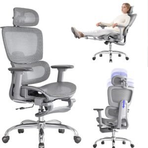 LarkLeaves Cadeira de Escritório com Descanso para os Pés, Cadeira Ergonômica com Encosto de Cabeça 3D, Cadeira Gamer com Encosto Ajustável e Apoio de Braço 3D, Cadeira Presidente, Cadeira Mesh, Cinza