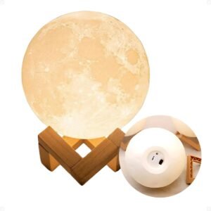 Luminária 3D Mini Lua Cheia Abajur Decorativo LED Com Suporte de Plástico – Decoração Realista Para Quarto e Sala