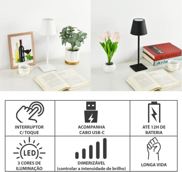 Luminária Abajur Mesa Led Touch Dimerizável S/Fio Portátil Recarregável Lâmpada 3 Toque Branco Quente Neutro Frio (Preto) - Imagem 2
